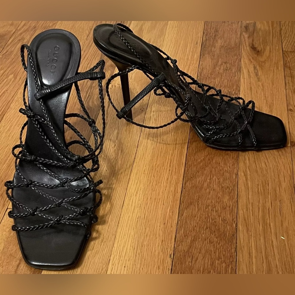 GUCCI black leather braided open toe heels shoes 9 b - Picture 3 of 7